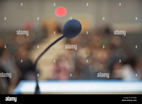 before a conference, the microphones in front of empty chairs. Close up ...