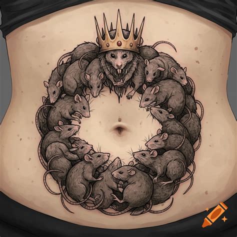 Tattoo of a Rat King (circle of rats with one wearing a crown) around a belly button on an