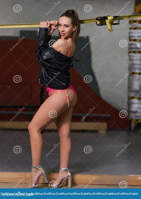 Girl in the Parking Lot, Woman in Underwear. Stock Photo - Image of