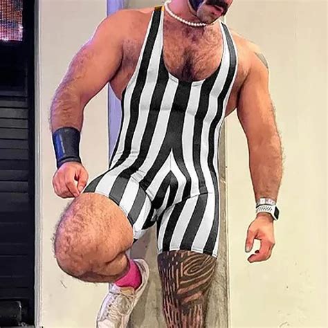 Wancir Mens Striped Wrestling Singlet Bodysuit One Piece Swimsuit