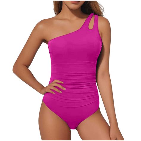 Busydd Womens One Piece Swimsuits Solid Color One Shoulder Bathing Suit
