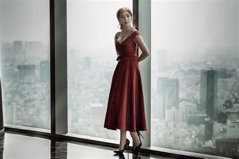 Asian, women, model, big boobs, red dress, black heels | 2560x1707