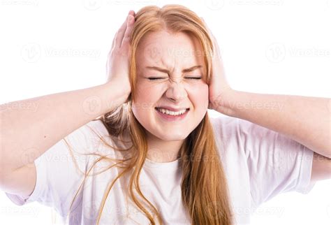 Annoyed stressed woman cover ears feel hurt ear ache pain otitis suffer