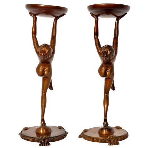 Antique Pair of French Art Deco Bronze Female Nude Dancers Statues