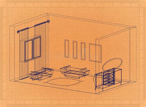 Living Room - Retro Blueprint Stock Illustration - Illustration of ...