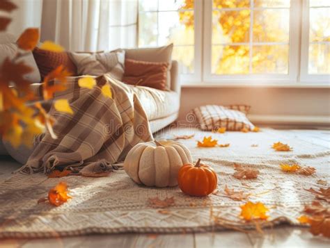 living room decorated  pumpkins  autumn leaves cozy fall