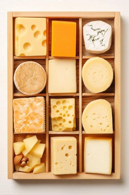 Premium Photo | A wooden box filled with lots of different types of cheese