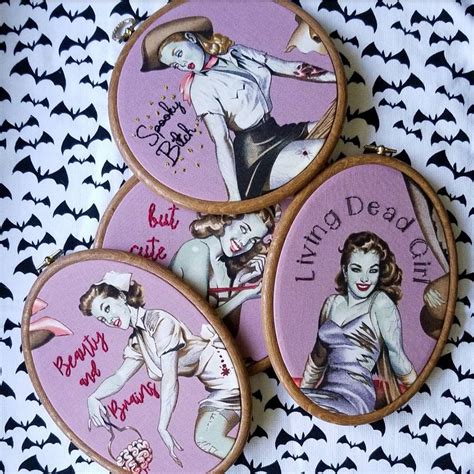 Zombie Pin-Up Girls Hand Embroidered Sassy Halloween Hoops | Etsy