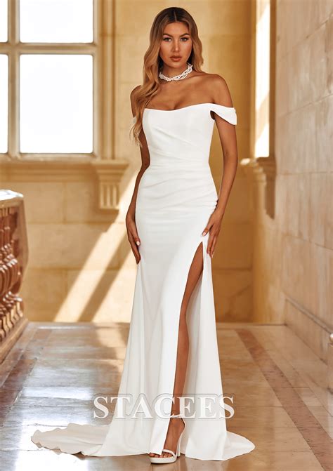 Sheath/Column Off-the-Shoulder Sweep Train Wedding Dress Satin with