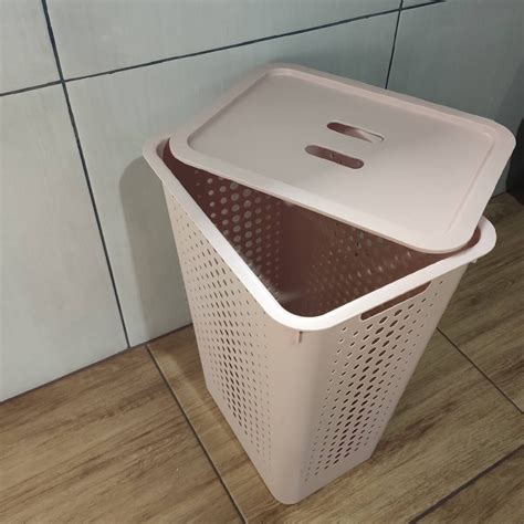Cesto De Roupa Suja Para Banheiro Pequeno - Cesto de Roupa Suja 47L Rosa Duna com Tampa para Banheiro Lavanderia Ou ...