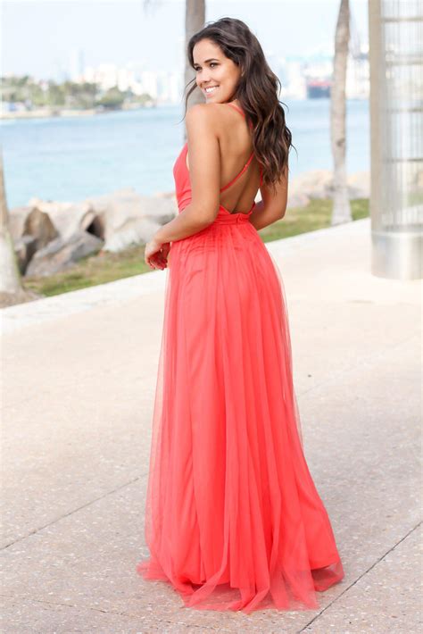 Dark Coral Tulle Maxi Dress with Criss Cross Back | Maxi Dresses ...