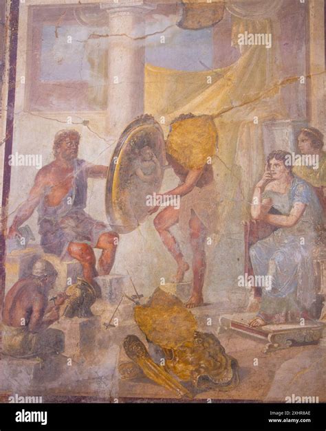 Pompeii fresco. Hephaestus presenting Thetis with a new set of armor for Achilles in a scene ...