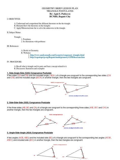 lesson plan  triangle postulates triangle euclidean geometry