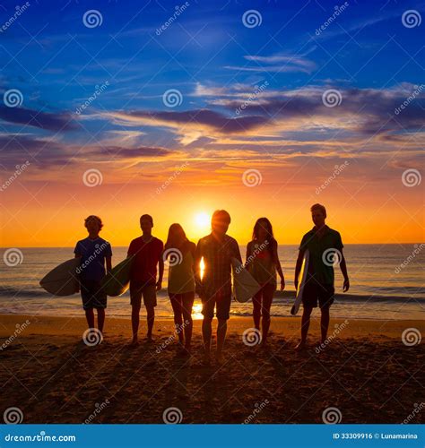 Surfers Boys and Girls Group Walking on Beach Stock Photo - Image of