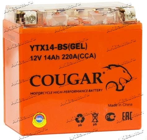 Аккумулятор для мотоцикла и скутера Cougar AGM VRLA 12V 14 А/ч 220 А ...