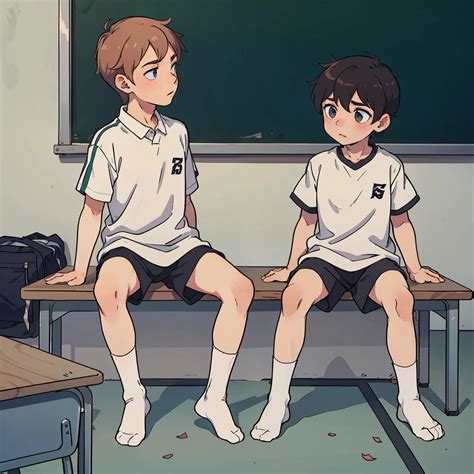 Anime-Junge und -Mädchen sitzen auf einer Bank in einem Klassenzimmer