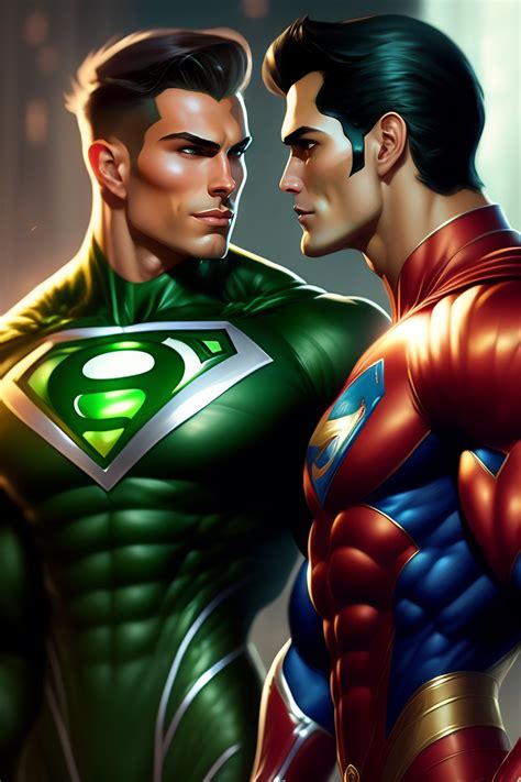 Lexica - Two thin muscular superheroes green lantern and superman gay