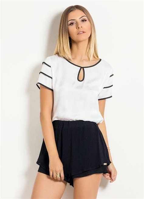 Blusa Feminina Branca E Preta - Quintess - Blusa de Cetim Quintess Branca e Preta | Moda, Blusas de ...