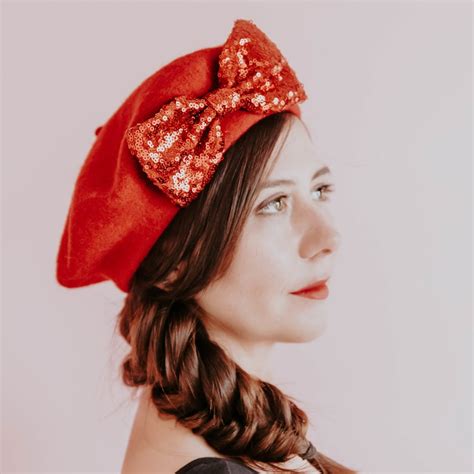 Red Wool Felt Beret Hat With Red Sequin Bow, Red French Beret Hat, Red ...