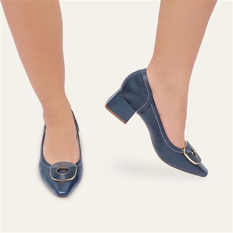 Sapato Azul Marinho Feminino Confortável - Sapato Feminino Scarpin Couro Comforto Salto Baixo Bloco Azul Marinho ...