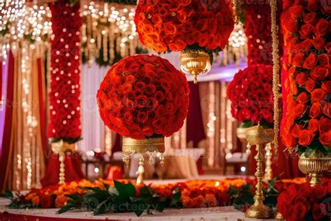 a red and gold wedding reception with flowers and decorations. AI ...