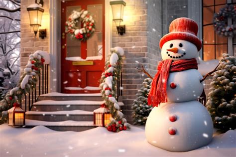 Premium Photo | A beautiful snowman near a house decorated for ...