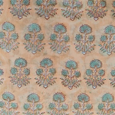 pure cotton jaipuri peach  lght blue plant motif hand block print