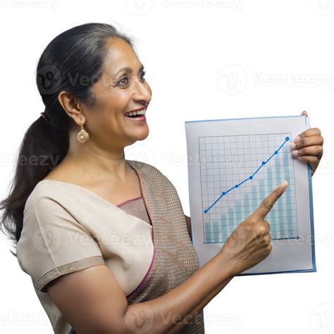 Woman in traditional attire holding a chart, explaining data with a