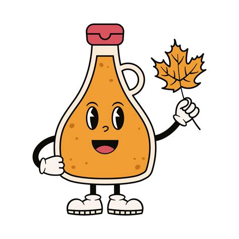 Groovy maple syrup character holding maple leaf. Cute retro mascot
