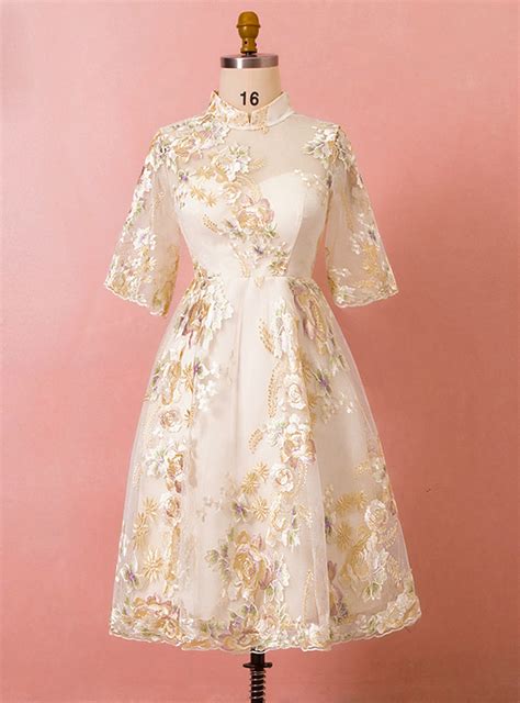 Plus Size Champagne High Neck Tulle Appliques Short Sleeve Prom Dress