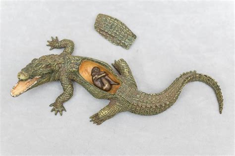 Naughty, Erotic Cold Painted Bronze Alligator with Nude Inside Signed