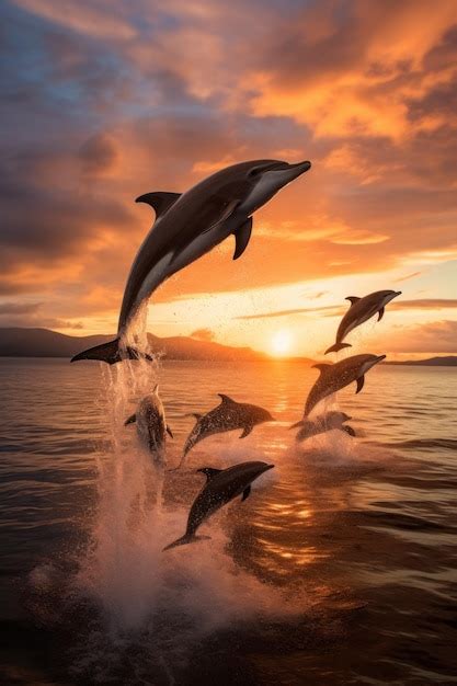 Premium AI Image | A group of beautiful bottlenose dolphins leap out of the sea at sunset