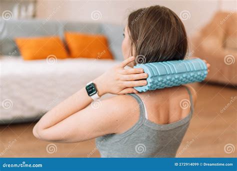 Girl Kneading Her Neck with Foam Roller Stock Image - Image of physical ...