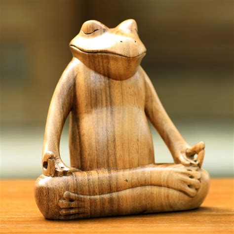 Hand Made Wood Sculpture - Frog Meditates | NOVICA