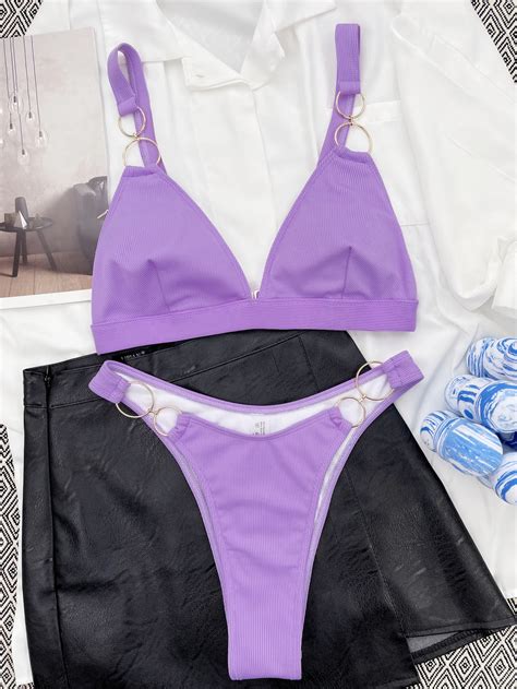 Trinkini Brazilian Nude Girls Bikini Swimwear Women Purple Thong Bikini