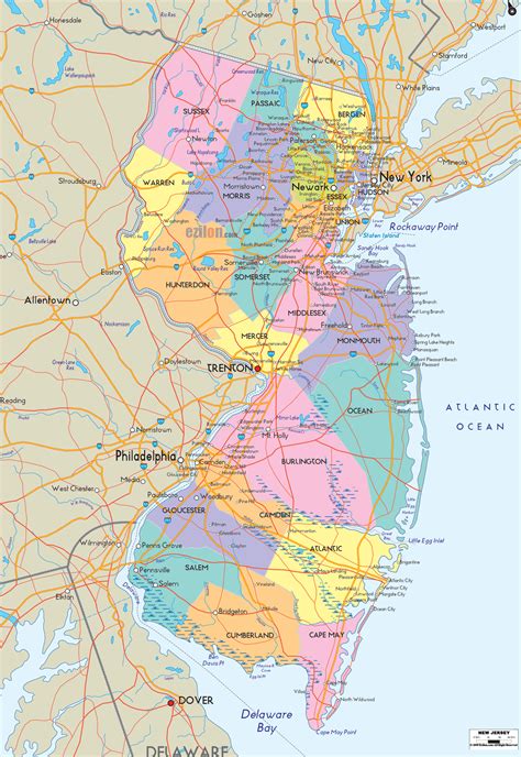 Map of State of New Jersey, with outline of the state cities, towns and