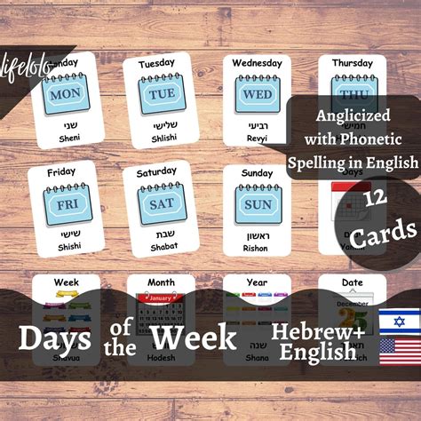 Days of the Week HEBREW English Bilingual Cards 12 Hebrew Flash Cards ...