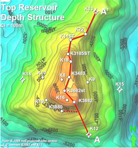 Top reservoir depth structure map of Korolev field. A-A’is line of ...