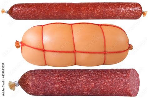 Different types of sausages on an isolated white background. Smoked ...