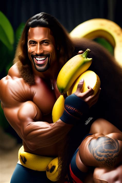 Lexica - Crazy giggling long haired Dwayne Johnson with bananas in his
