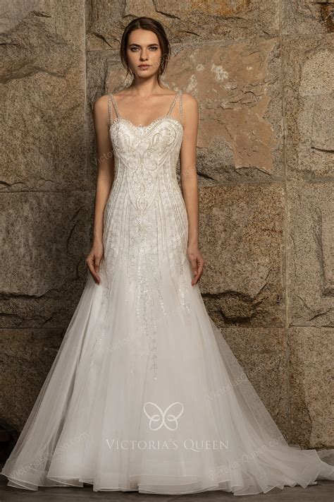 Sparkly Beaded Tulle Criss-Cross Back Mermaid Wedding Dress - VQ