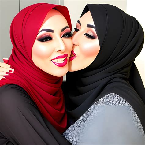 two hijab girl hugging and tongue kissing - Arthub.ai