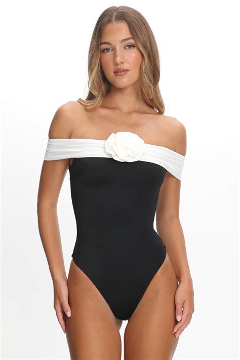 Lorona Off-Shoulder One-Piece Black/Ivory | Selfie Leslie