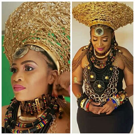 Ayanda Borotho In Gold Woven Zulu Isicholo Hat, Wooden Choker and
