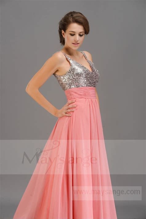 Longue robe de soirée Manon corail avec bustier argenté - Ref L207 - Robes de Gala
