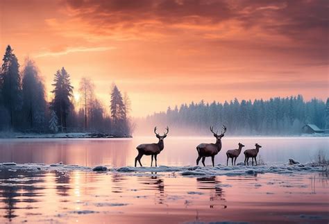 Premium AI Image | Finnish landscape elk and cubs sunrise in winter ...