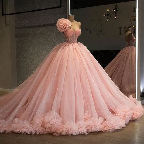 2022 Pink Glitter Ball Gown Quinceanera Dresses Beading Ruffles Flower ...