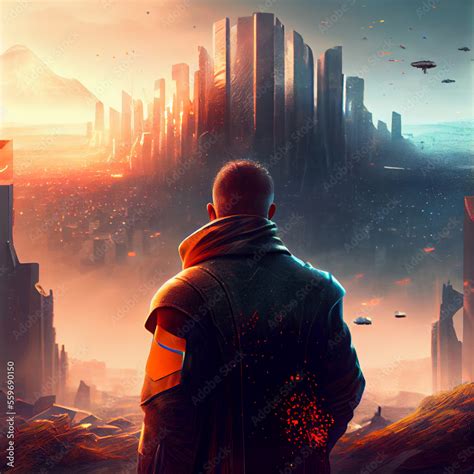 Man overlooking a futuristic city, cyberpunk, anime - generative ai ...