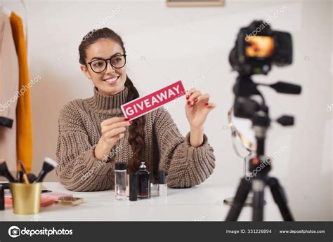 Portrait Contemporary Young Woman Holding Giveaway Word While Filming ...