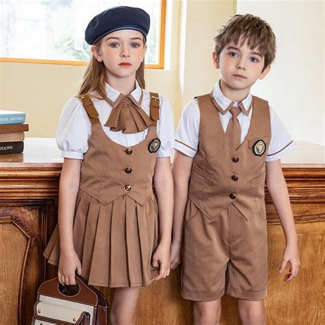khaki style children fashionable school uniform skirts vest logo design